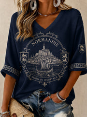 T-shirt femme à manches mi-longues et col en V, imprimé France Normandie