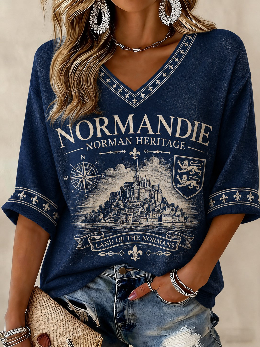 T-shirt femme à manches mi-longues et col en V, imprimé France Normandie