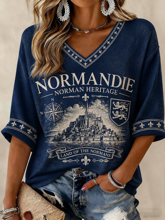 T-shirt femme à manches mi-longues et col en V, imprimé France Normandie