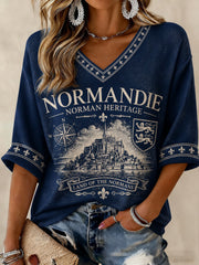 T-shirt femme à manches mi-longues et col en V, imprimé France Normandie