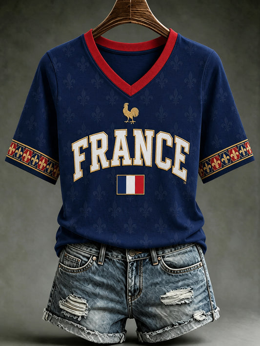 T-shirt à manches courtes à col en V France Lover pour femme