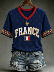 T-shirt à manches courtes à col en V France Lover pour femme