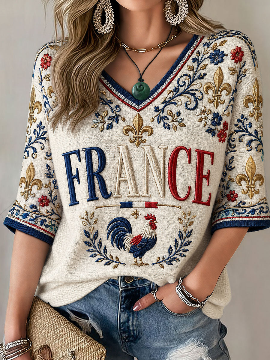 T-shirt col en V à manches mi-longues France pour femme