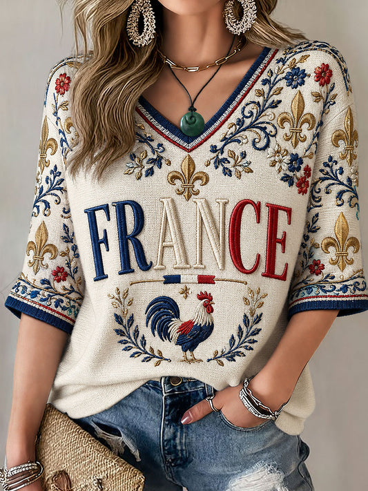 T-shirt col en V à manches mi-longues France pour femme