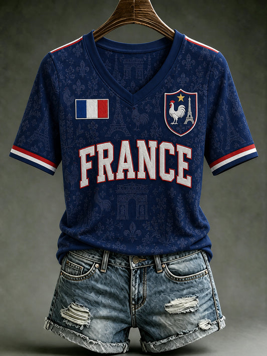 T-shirt femme France Lover à col en V et manches courtes