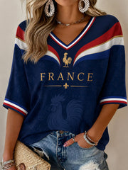 T-shirt femme décontracté à manches mi-longues et col en V, imprimé France