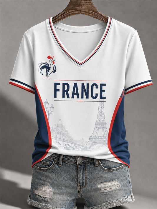 T-shirt décontracté à col en V pour femme, imprimé France