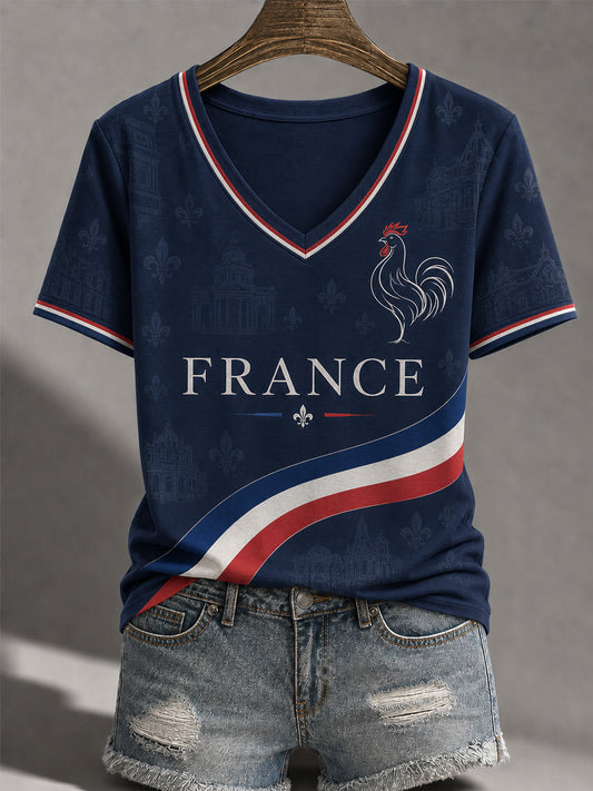 T-shirt décontracté à col en V pour femme, imprimé France