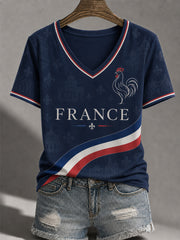 T-shirt décontracté à col en V pour femme, imprimé France