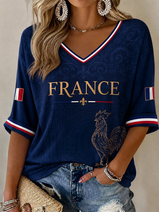 T-shirt femme décontracté à manches mi-longues et col en V, imprimé France