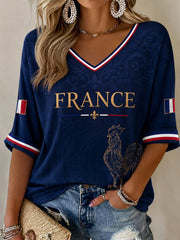 T-shirt femme décontracté à manches mi-longues et col en V, imprimé France