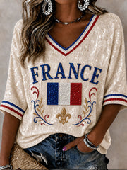 T-shirt femme France mi-long à manches et col en V