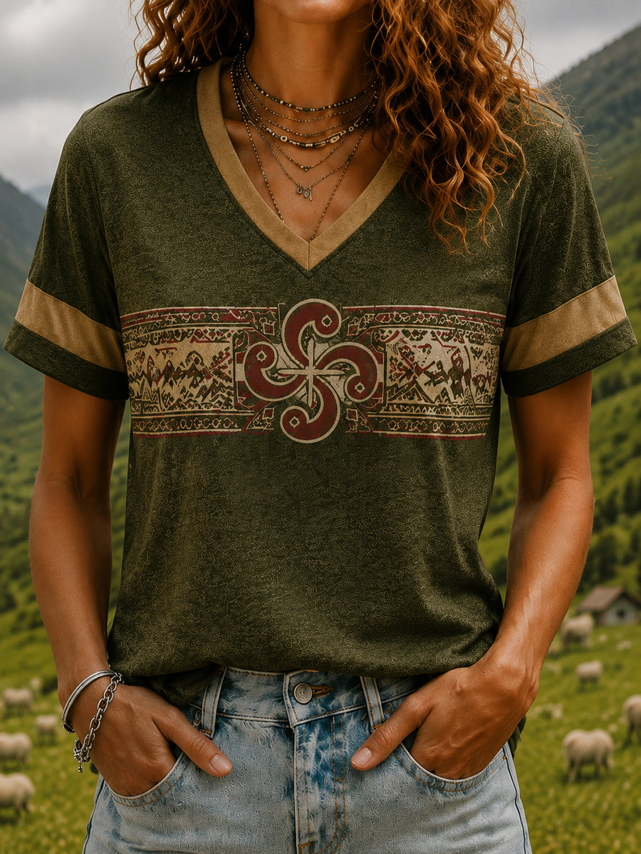 T-shirt à col en V imprimé pour femmes, Pays basque