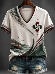 T-shirt à col en V imprimé pour femmes, Pays basque