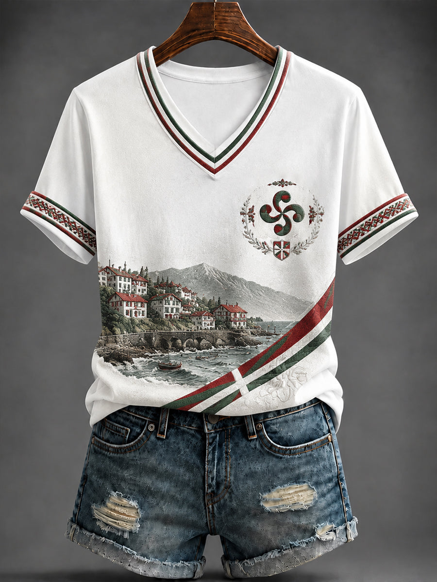 T-shirt à col en V imprimé pour femmes, Pays basque