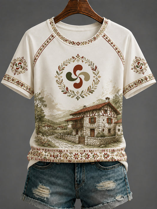 T-shirt femme à col rond et manches courtes, imprimé Pays basque