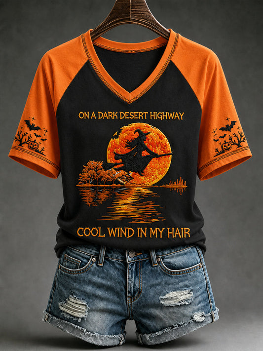 Women's Halloween Witch Pumpkin Bat V-neck Short Sleeve T-shirt