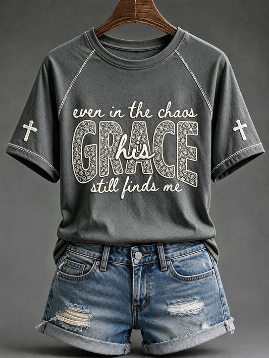 Women's His Grace Still Finds Me Christian Faith Floral Print Round Neck Short Sleeve T-shirt
