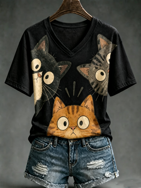 Women's Cute cat print short-sleeved T-shirt