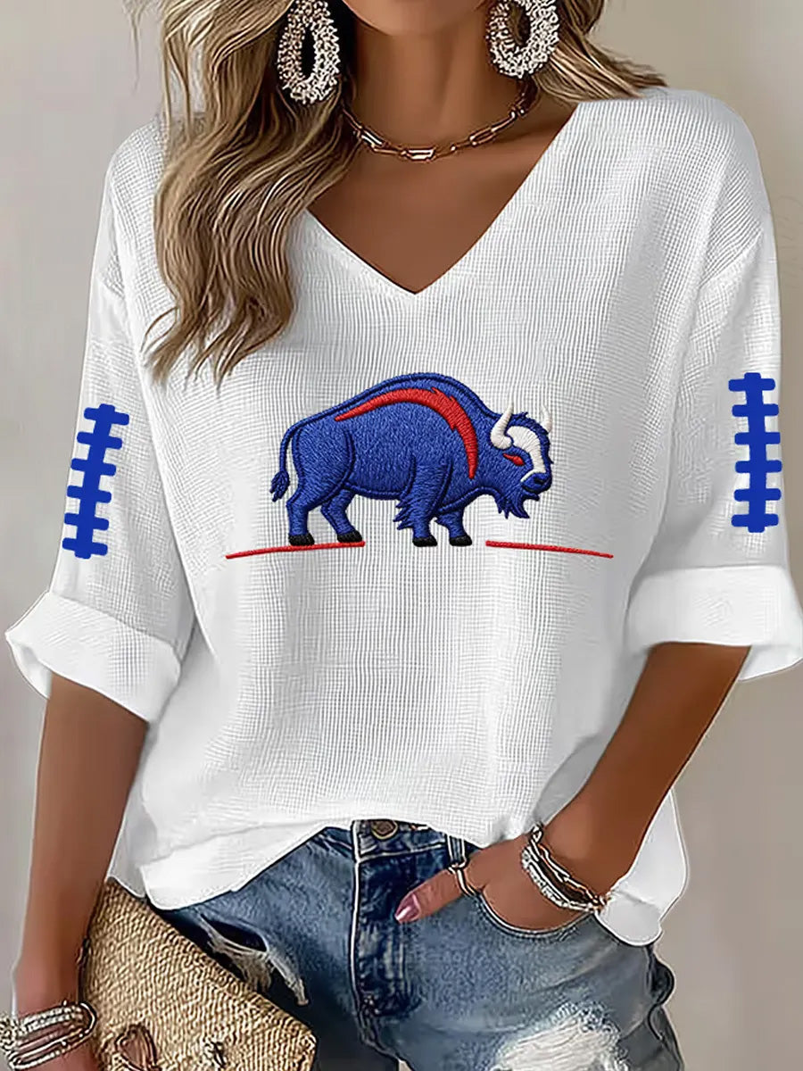 Women's Football Lover Buffalo Print Casual Waffle V-Neck Tee