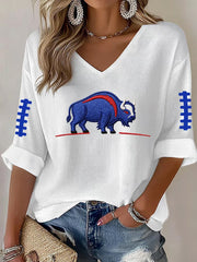 Women's Football Lover Buffalo Print Casual Waffle V-Neck Tee