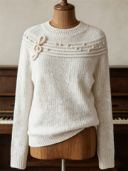 Women's Classy Treble Clef Music Notes Yoke Print crew neck sweater