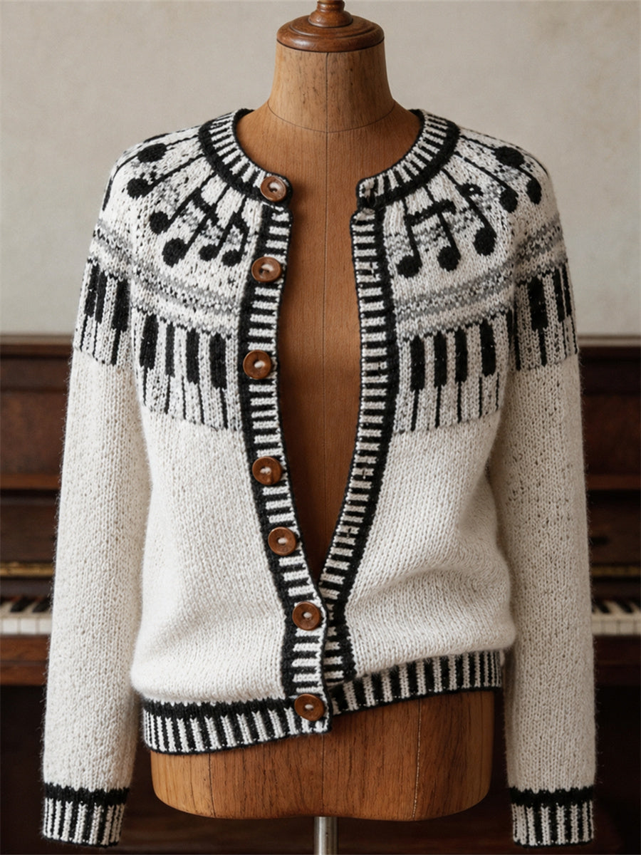 Women's Vintage Music Notes & Piano Keys Isle Pattern Print Cardigan