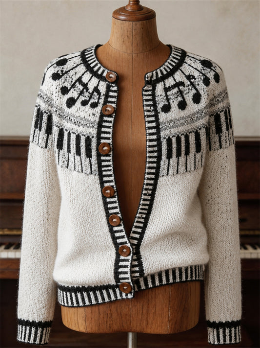 Women's Vintage Music Notes & Piano Keys Isle Pattern Print Cardigan