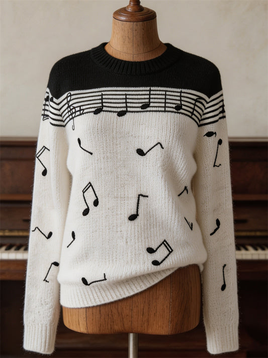 Women's Vintage Music Notes Contrast Color Print crew neck sweater