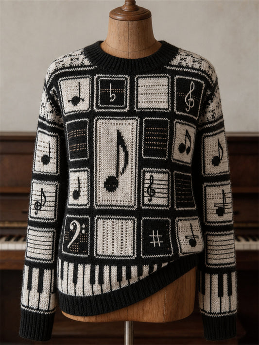 Women's Vintage Music Notes & Piano Keys Colorblock Print crew neck sweater