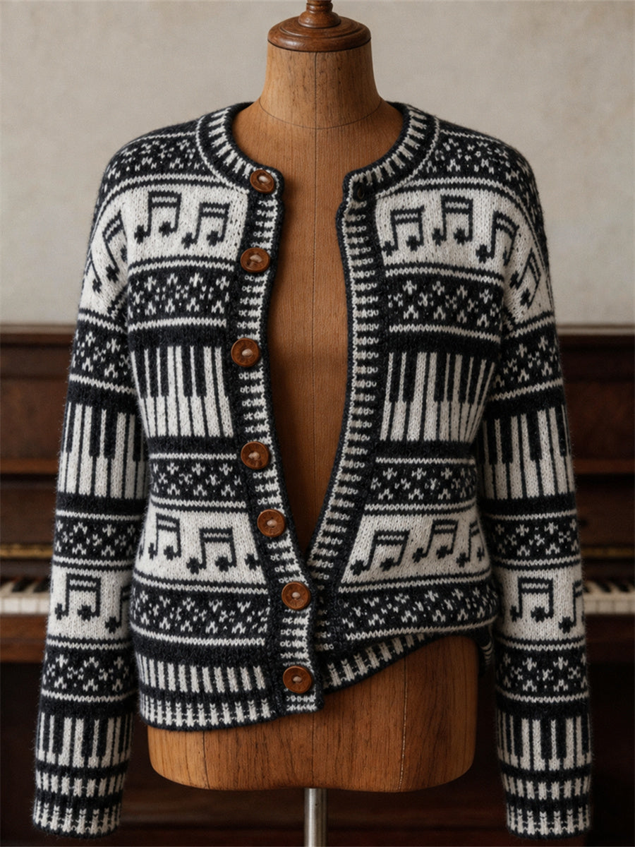 Women's Vintage Music Notes & Piano Keys Isle Pattern Print Cardigan