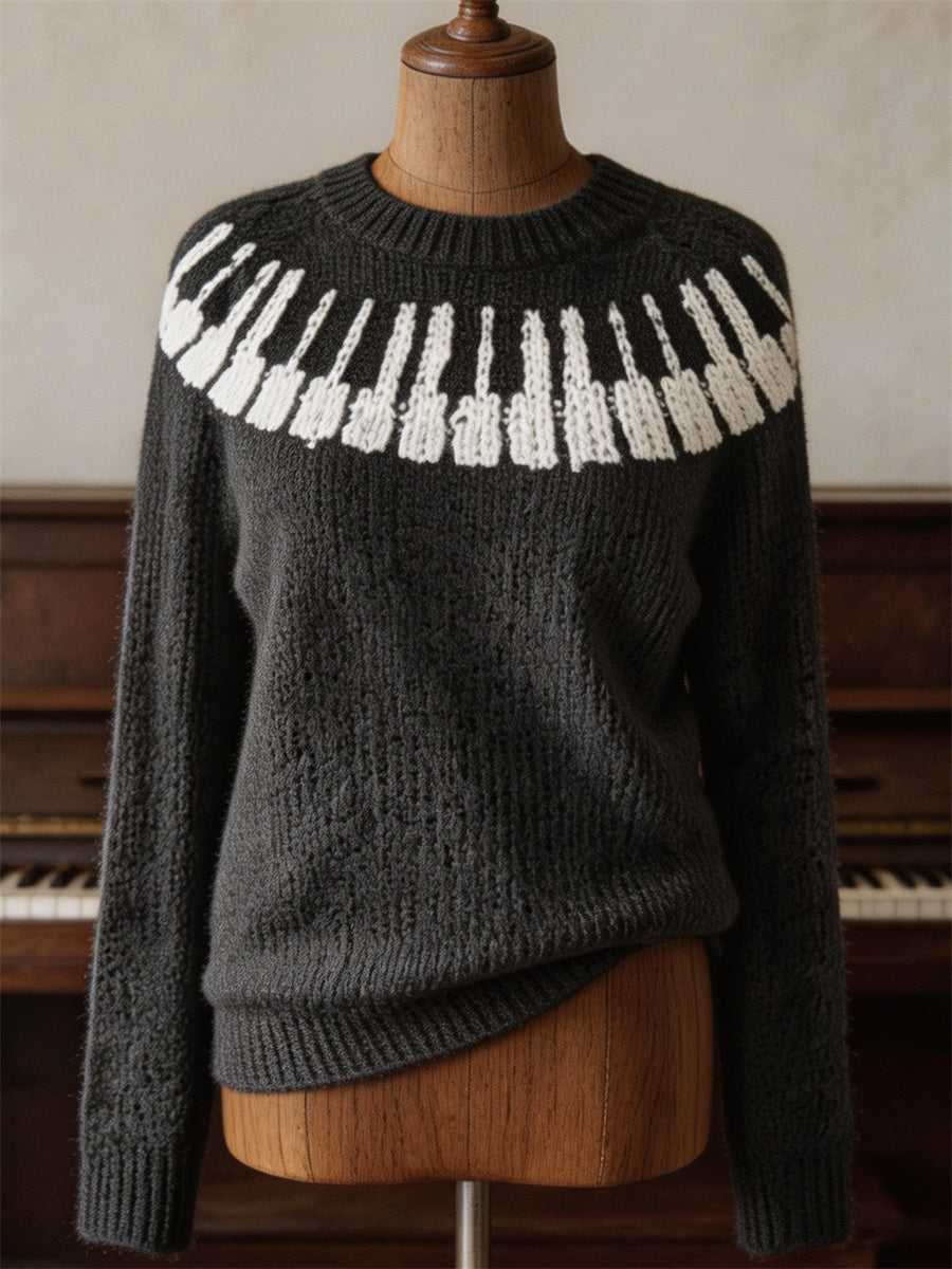 Women's Classy Piano Keys Yoke Print crew neck sweater