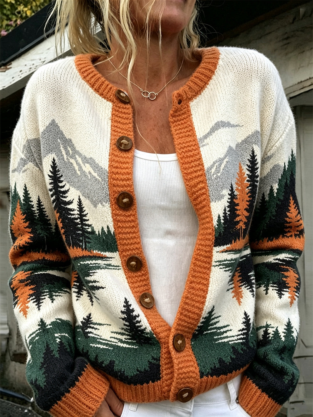 Women's Autumn Forest Pattern Causal Cardigan-Style Knit Jacket