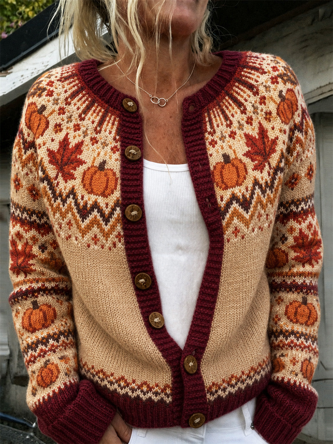 Women's Autumn Pumpkin and Maple Leaf Pattern Causal Cardigan Style Knit Jacket