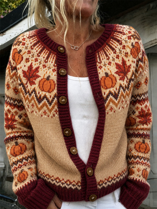 Women's Autumn Pumpkin and Maple Leaf Pattern Causal Cardigan Style Knit Jacket