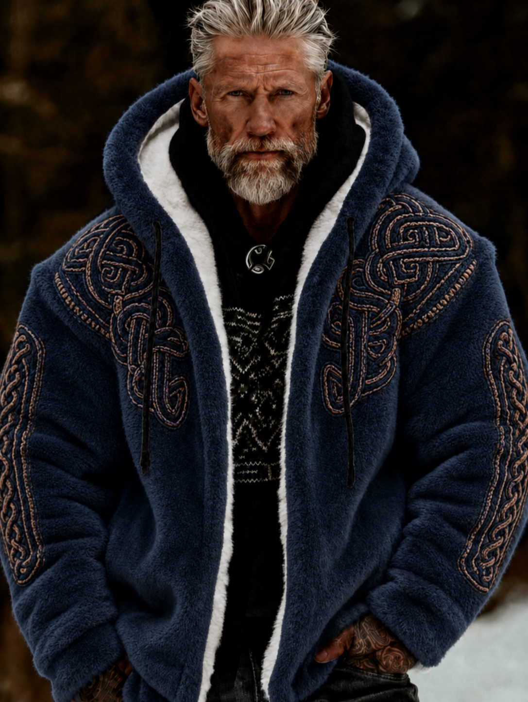 Men's Viking Art Plush Cozy Warm Zipped Hooded Jacket
