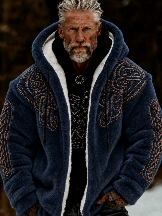 Men's Viking Art Plush Cozy Warm Zipped Hooded Jacket