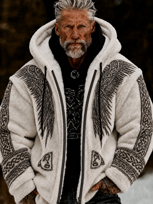 Men's Viking Art Plush Cozy Warm Zipped Hooded Jacket