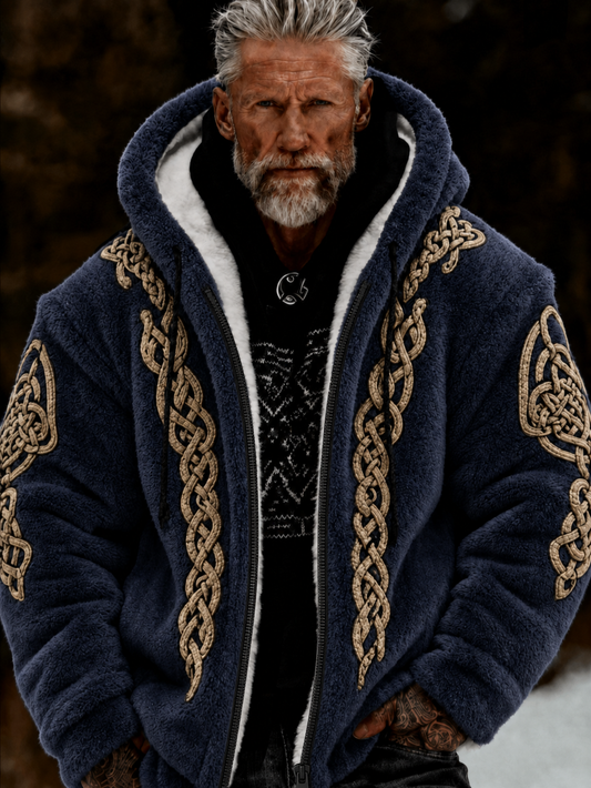 Men's Viking Art Plush Cozy Warm Zipped Hooded Jacket