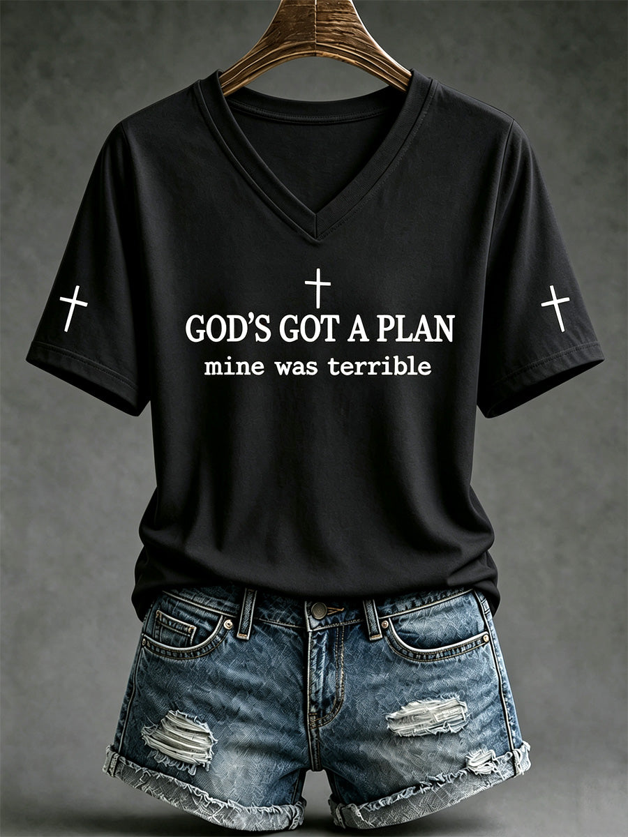 Women's God's Got A Plan Mine Was Terrible Print V-Neck Tee