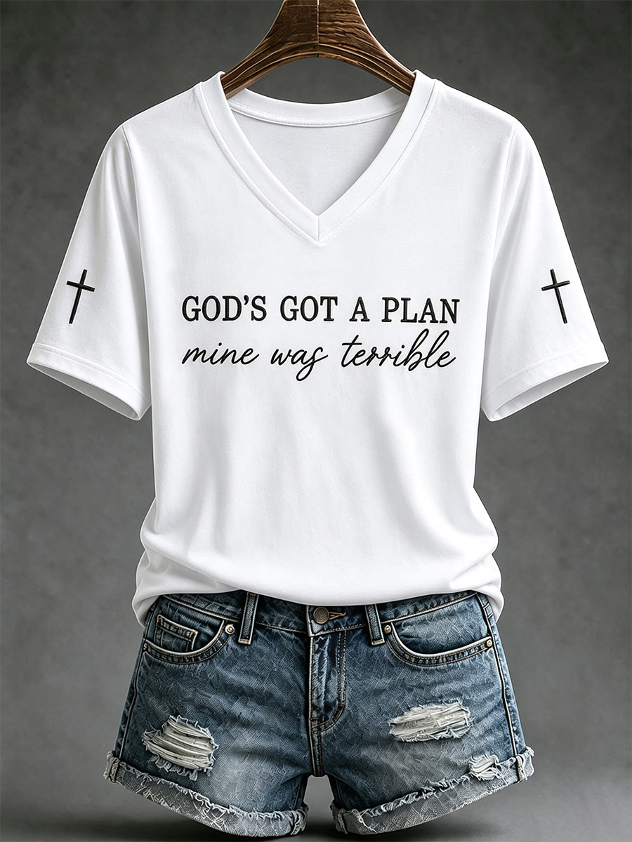 Women's God's Got A Plan Mine Was Terrible Print V-Neck Tee