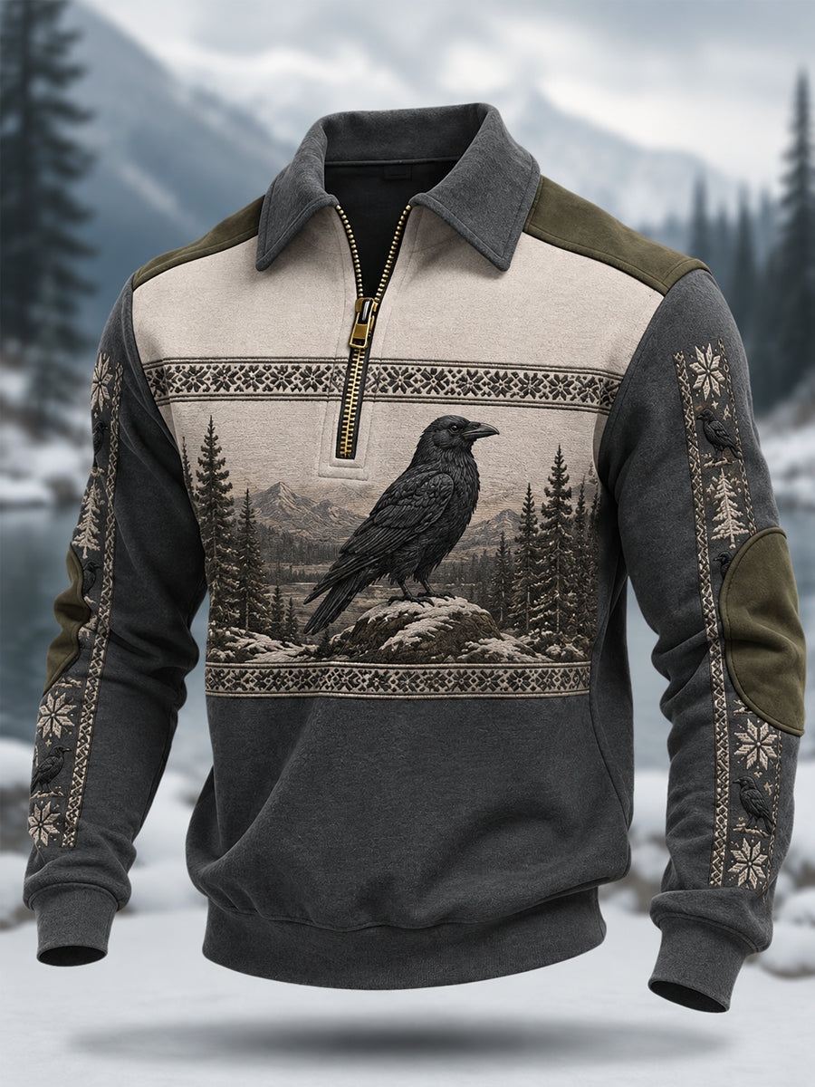 Men's Raven Print Casual Zipper Pullover