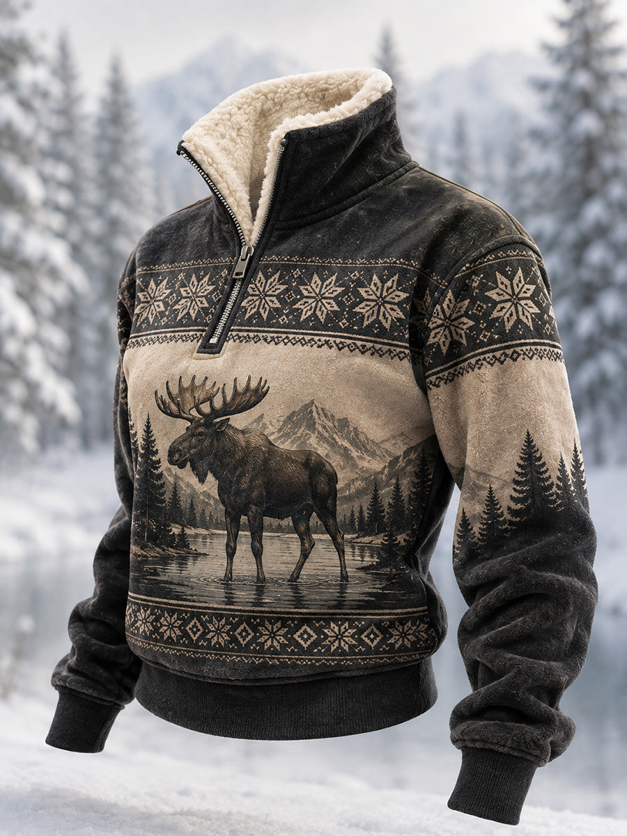 Women's Winter Moose Print Casual Fur Collar Top