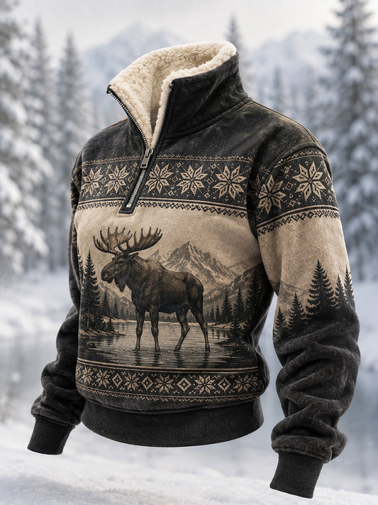 Women's Winter Moose Print Casual Fur Collar Top