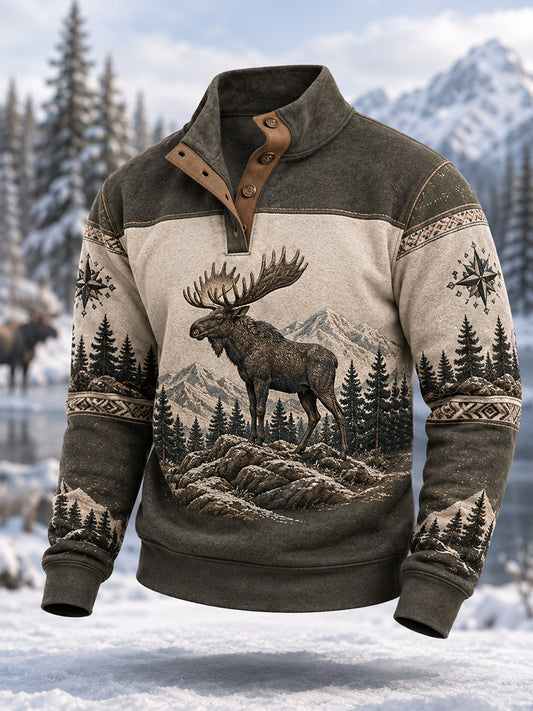 Men's Winter Moose Print Casual Buttons Pullover