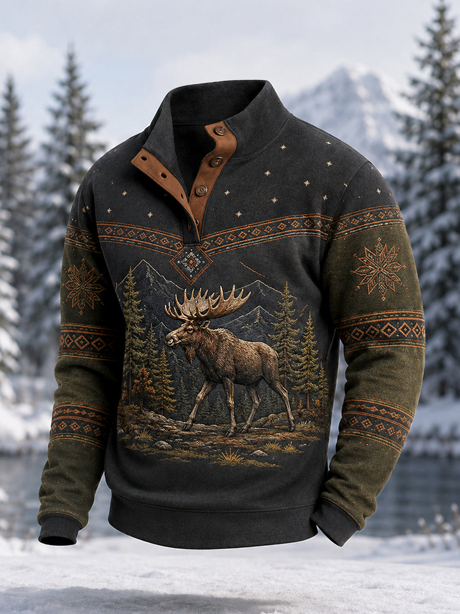 Men's Winter Moose Print Casual Buttons Pullover