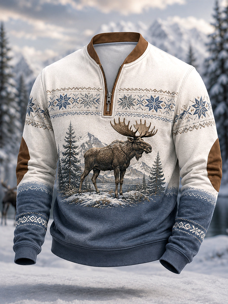 Men's Winter Moose Print Casual Zipper Pullover