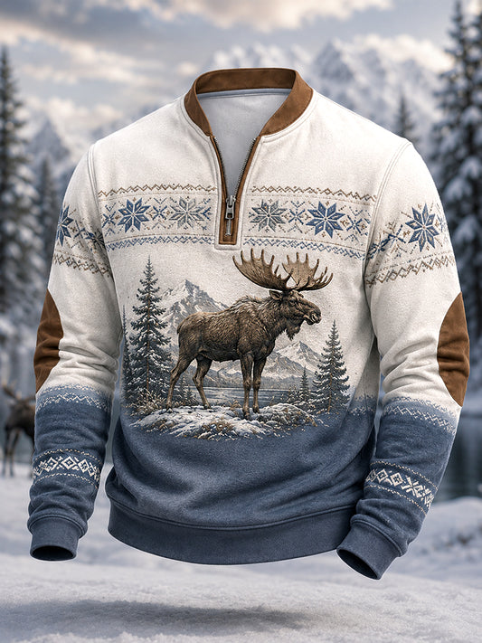 Men's Winter Moose Print Casual Zipper Pullover