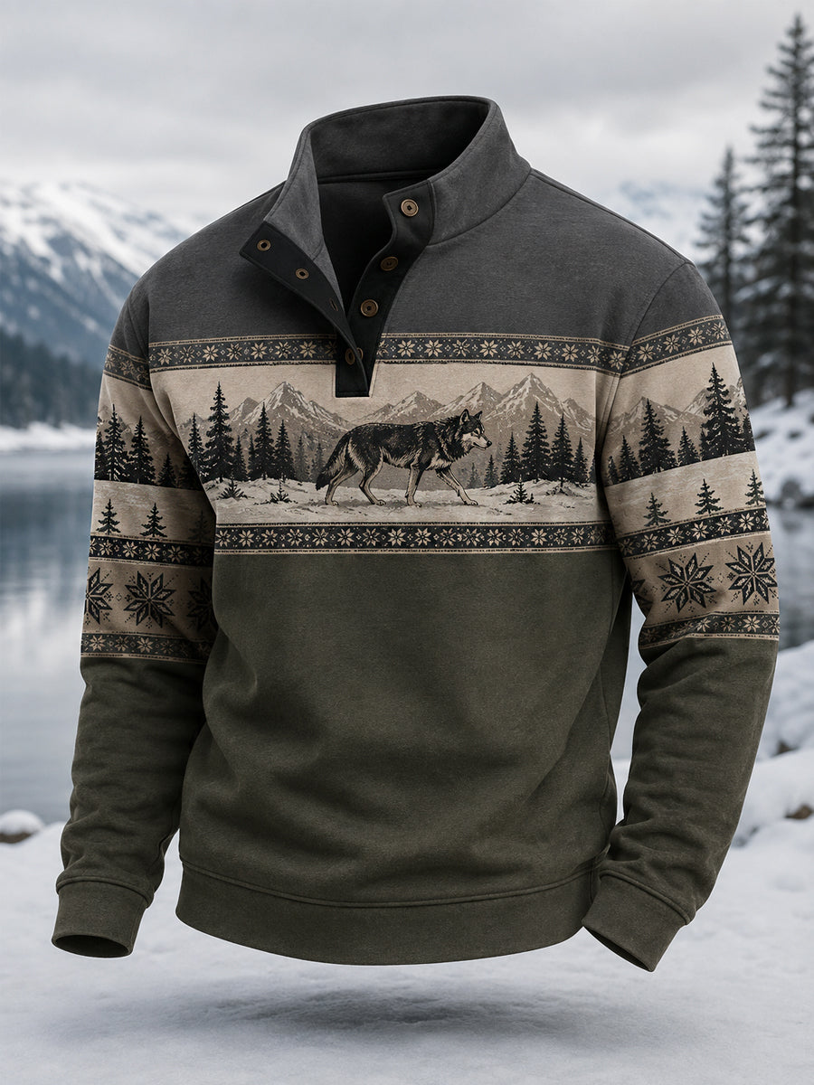 Men's Winter Wolf Print Casual Pullover