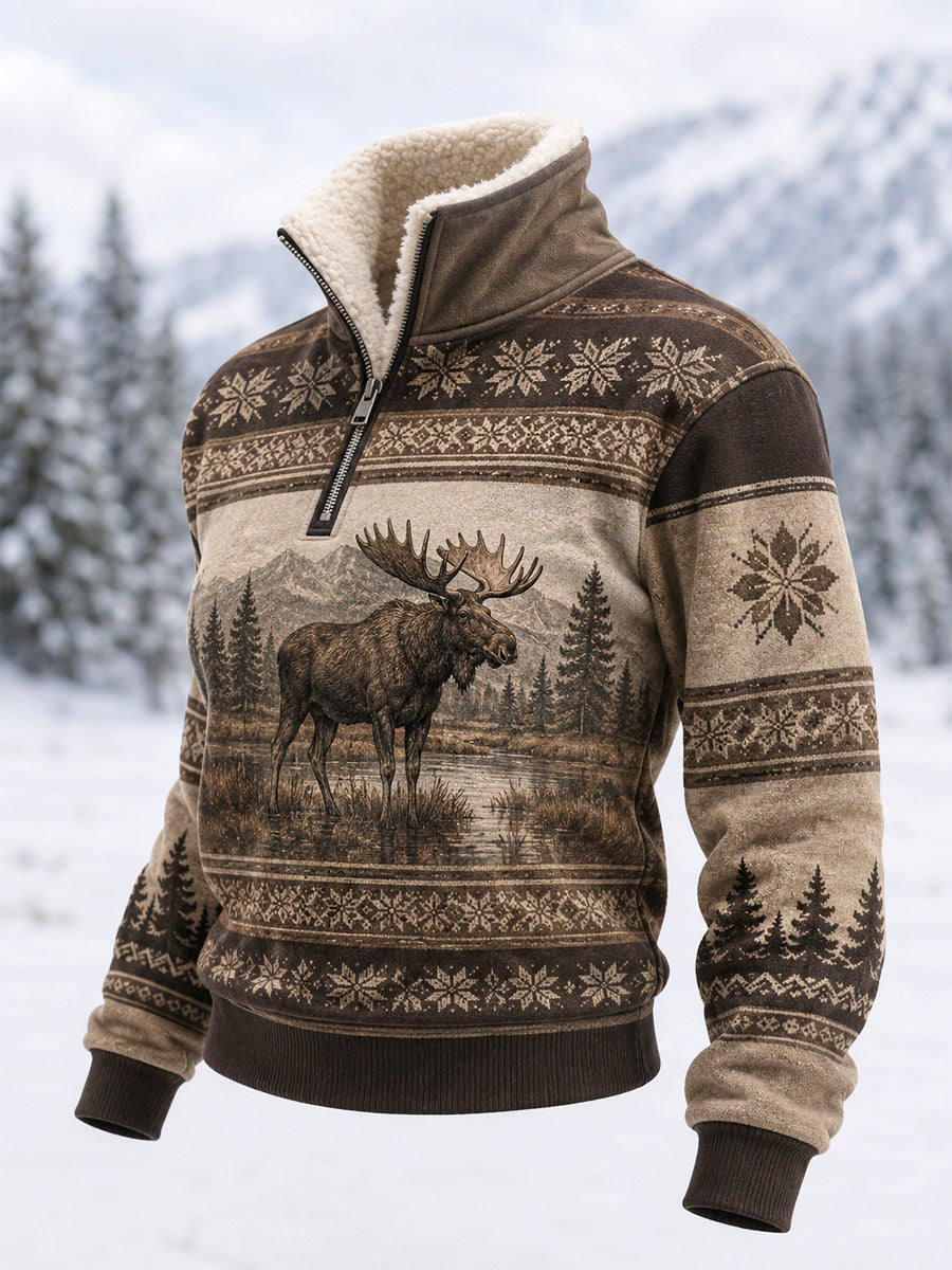 Women's Winter Moose Print Casual Fur Collar Top